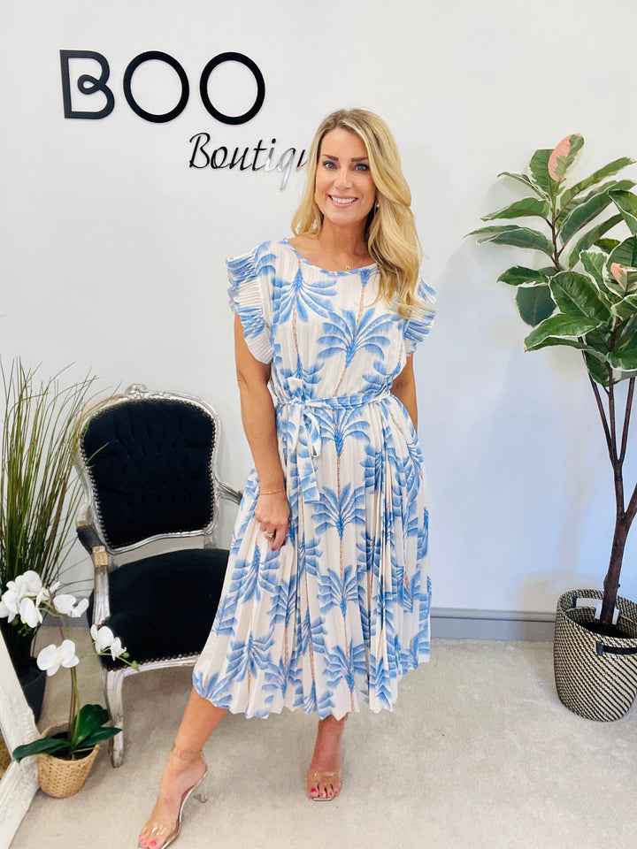 LADIES WOMENS TROPICAL PRINT PLEATED SUMMER MIDI DRESS - BLACK, KHAKI, BLUE, BEIGE & NAVY