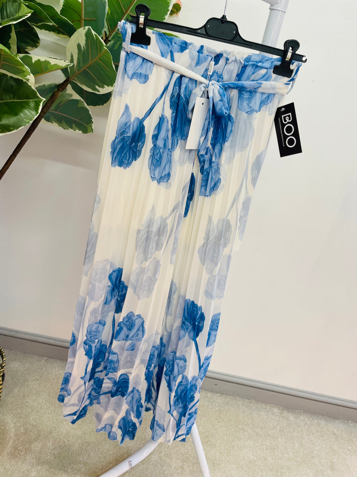LADIES WOMENS PLEATED CHIFFON WIDE LEG TROUSERS - BLUE & PINK