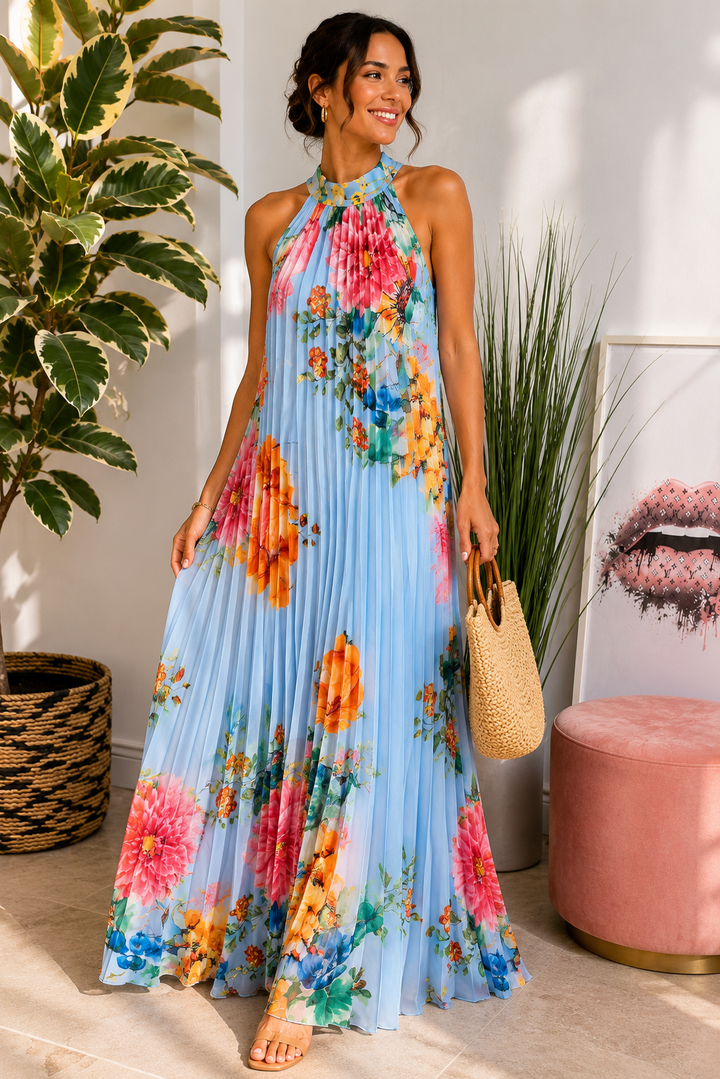 Ladies Satin Pleated Flower Print Summer Maxi Dress - Black, Cream & Blue