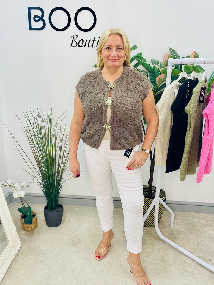LADIES KNITTED FASHION WAISTCOAT - BLACK, CREAM, KHAKI, MOCHA & PINK
