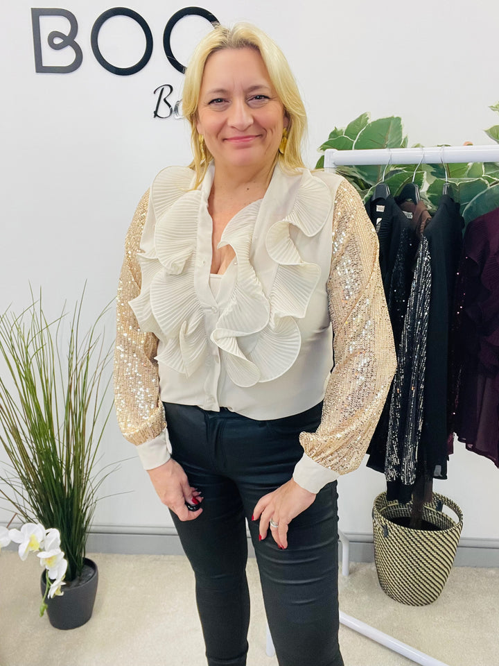 LADIES SEQUIN ARM FRILL BLOUSE - BLACK, SILVER, BERRY, BEIGE & BROWN