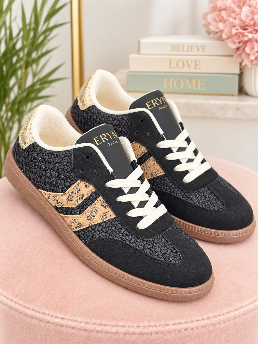 Ladies Fashion Black Flat Inspired Stripe Trainers 