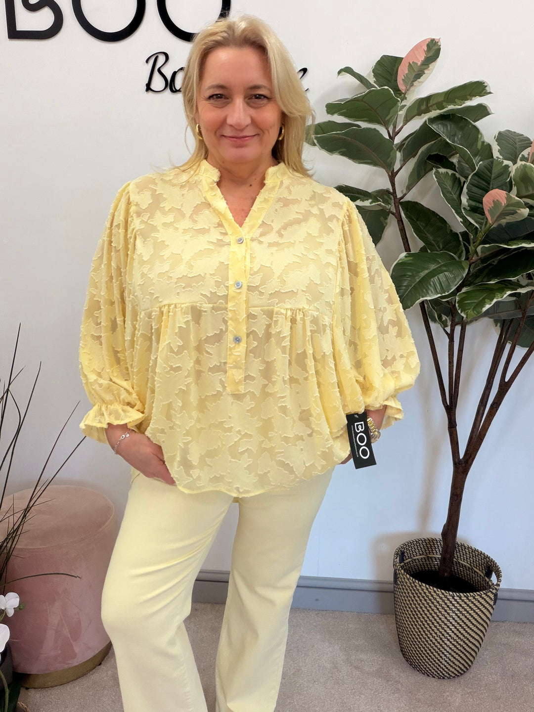 Ladies Fashion Smock V Neck Blouse Top - White, Lemon & Peach