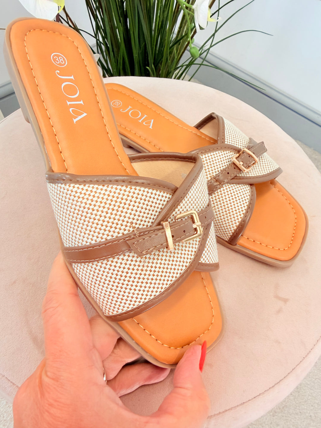 Ladies Fashion Brown Beige Hessian Buckle Slider Sandals