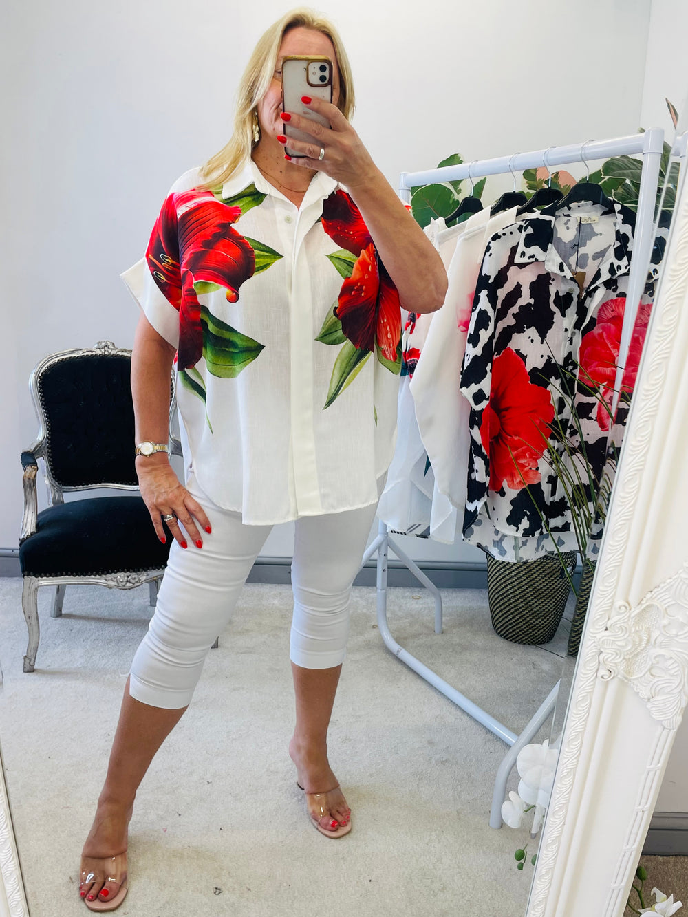 LADIES CREAM LINEN TROPICAL PRINT OVERSIZE SHIRT TOP