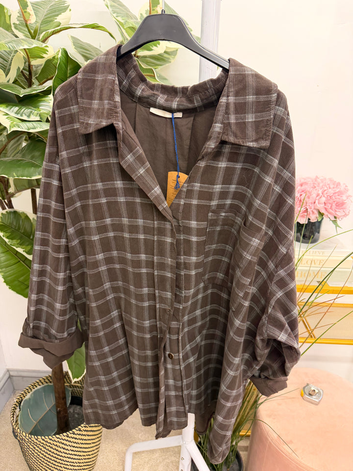 Womens cord check oversize shirt - Wine, Navy, Brown, Khaki