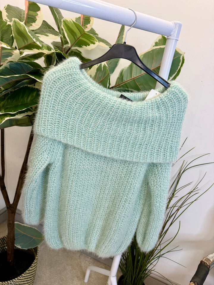 LADIES FLUFFY KNIT BARDOT JUMPER - MINT, BLACK, CREAM, PINK, LEMON & MOCHA