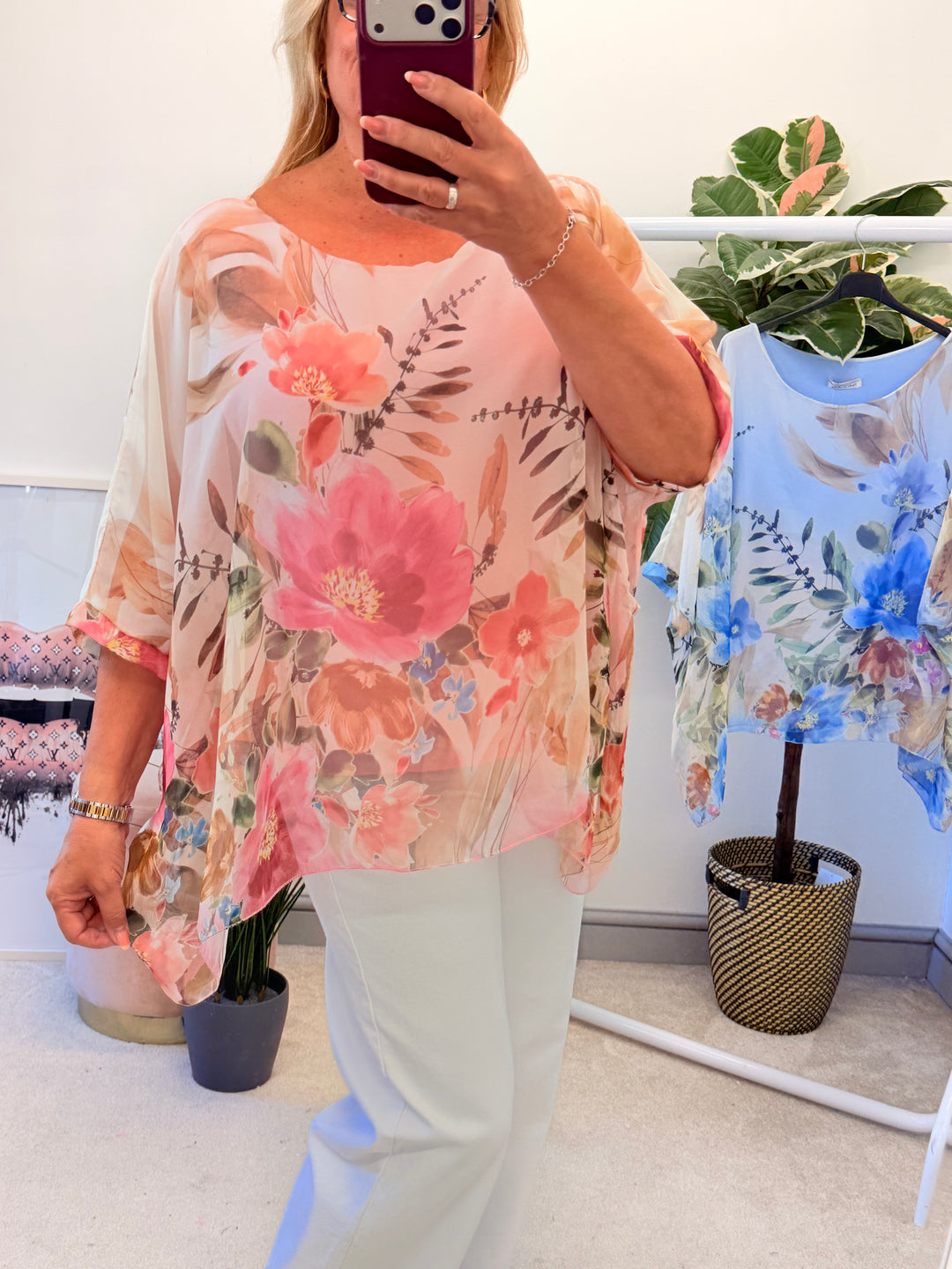 Ladies Flower Print Silky Floaty Summer Top - Pink & Blue
