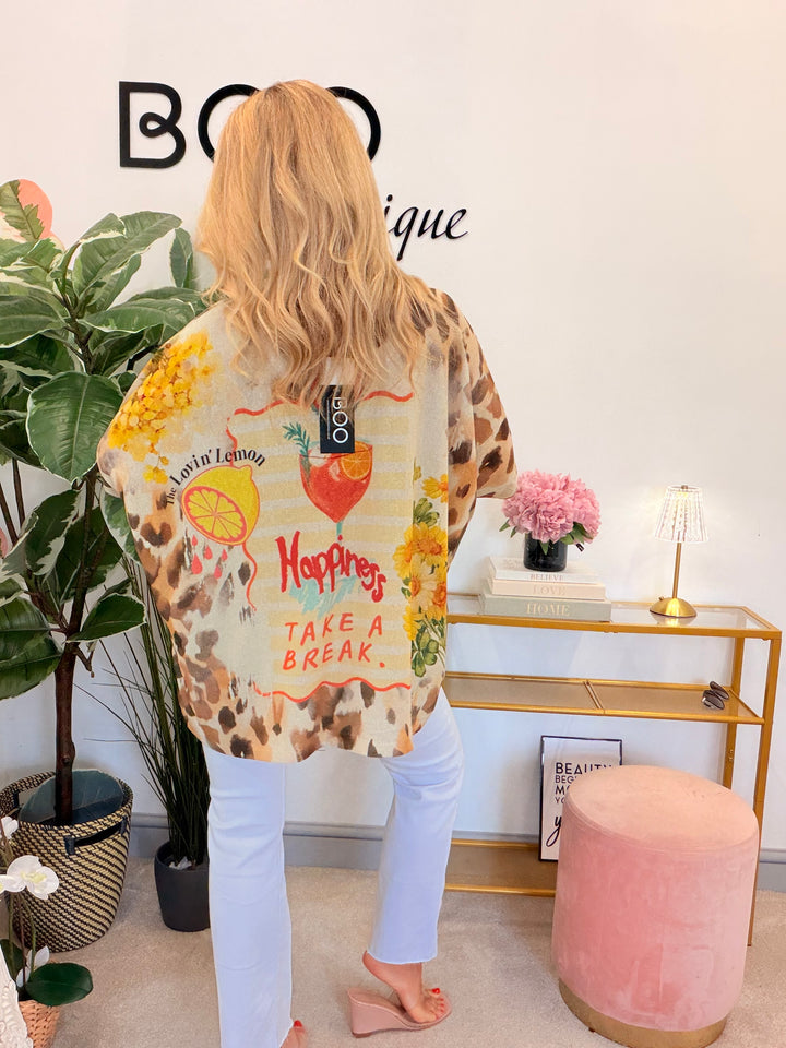 Ladies Lemon Print Lurex Oversize Top