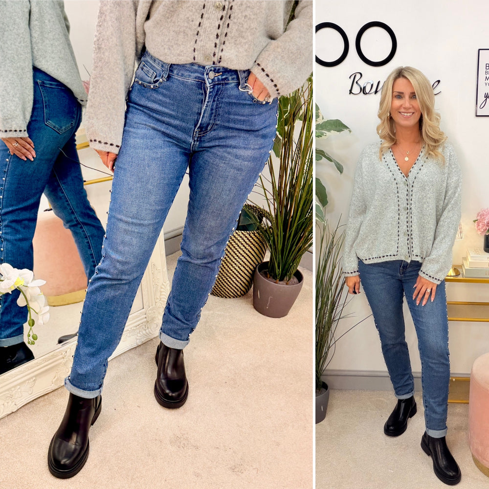 Ladies Fashion Blue Studded Denim Mom Fit Jeans