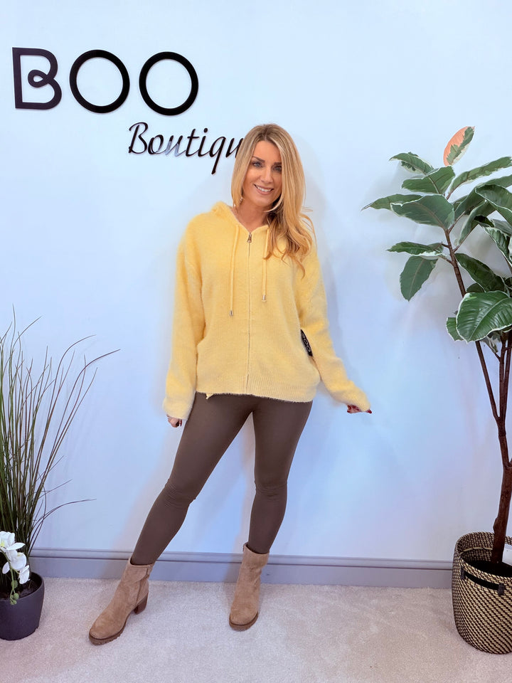 LADIES SOFT FLUFFY HOODY CARDIGAN - LEMON, AQUA, BROWN, PINK, WHITE