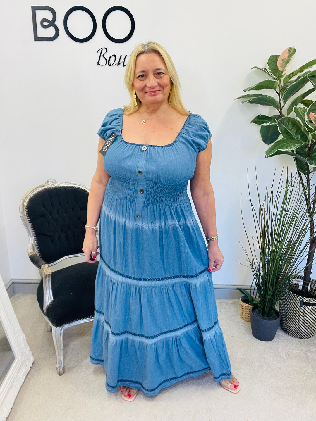 LADIES WOMENS CHAMBRAY DENIM FLATTERING SUMMER MAXI DRESS