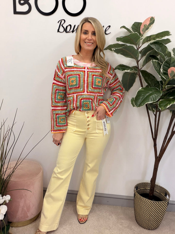 LADIES FASHION LEMON YELLOW HIGH WAIST WIDE LEG JEANS