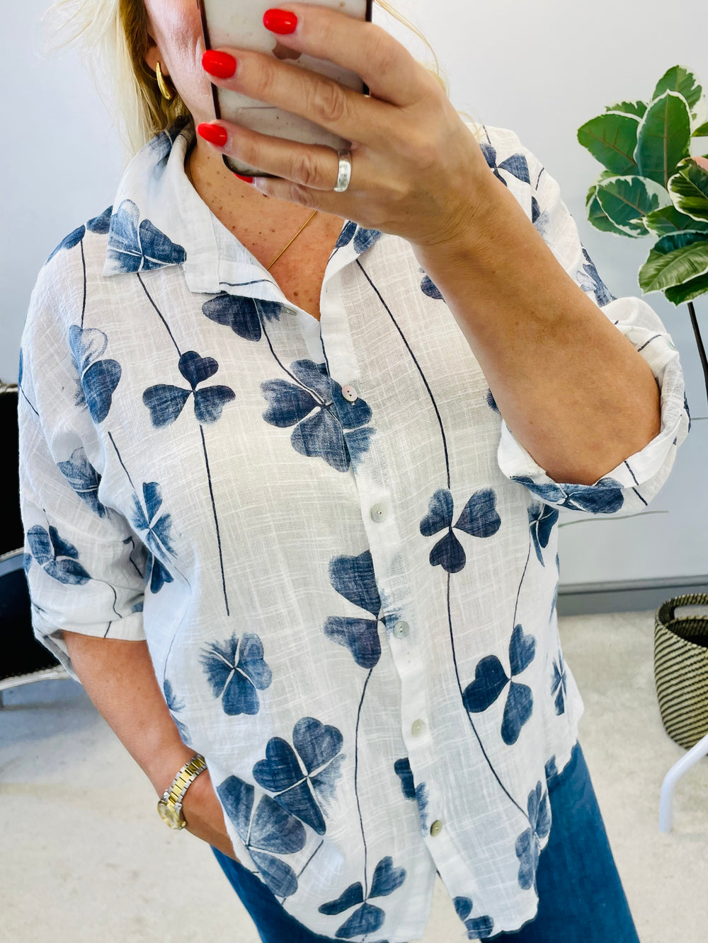 LADIES WHITE & NAVY LIGHT LINEN GRANDAD SUMMER TOP