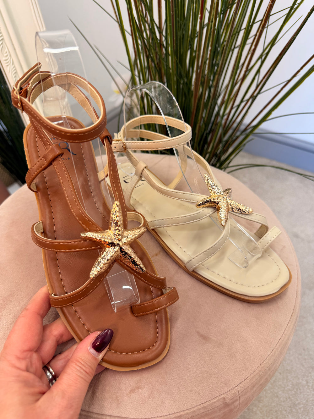 Ladies Flat Gladiator Sandals - beige and tan