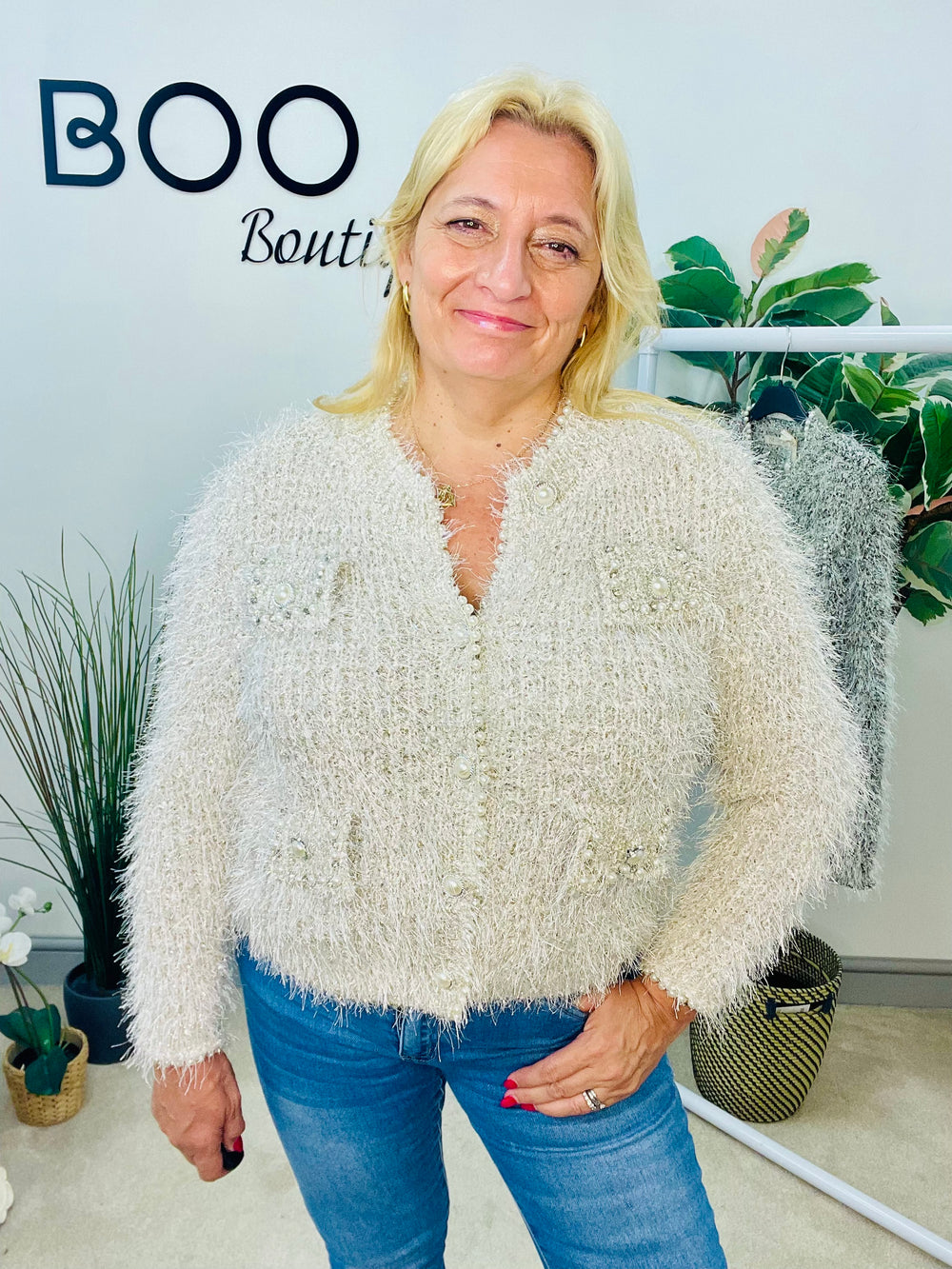 LADIES DESIGNER INSPIRED FLUFFY LUREX CARDIGAN - BEIGE & BLACK