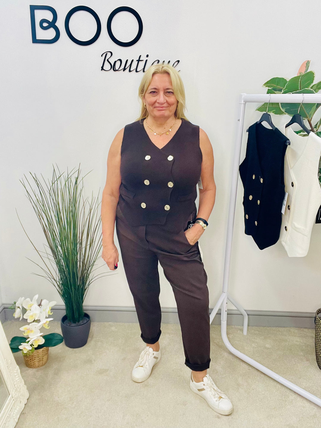 LADIES KNITTED DOUBLE BREASTED SLEEVELESS WAISTCOAT - WHITE, BLACK & BROWN
