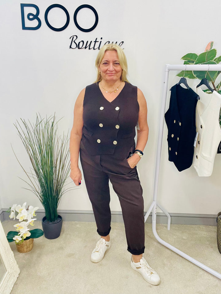 LADIES KNITTED DOUBLE BREASTED SLEEVELESS WAISTCOAT - WHITE, BLACK & BROWN