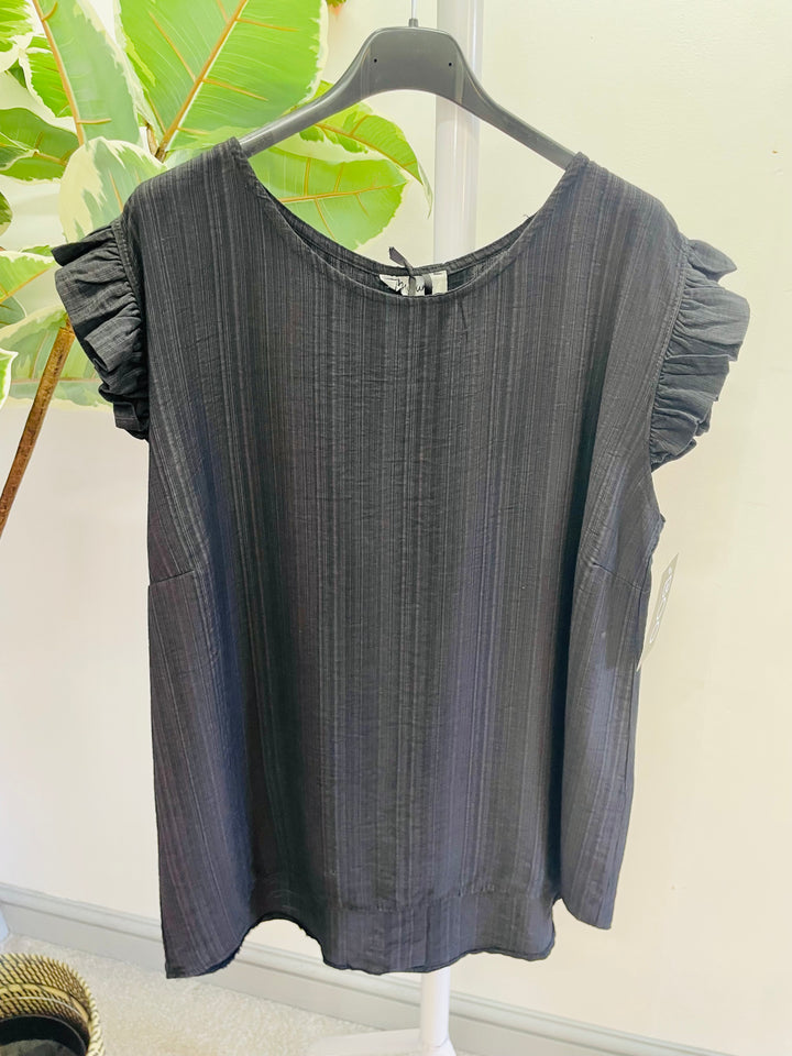 LADIES WOMENS BLACK CASUAL CAP SLEEVE TOP 