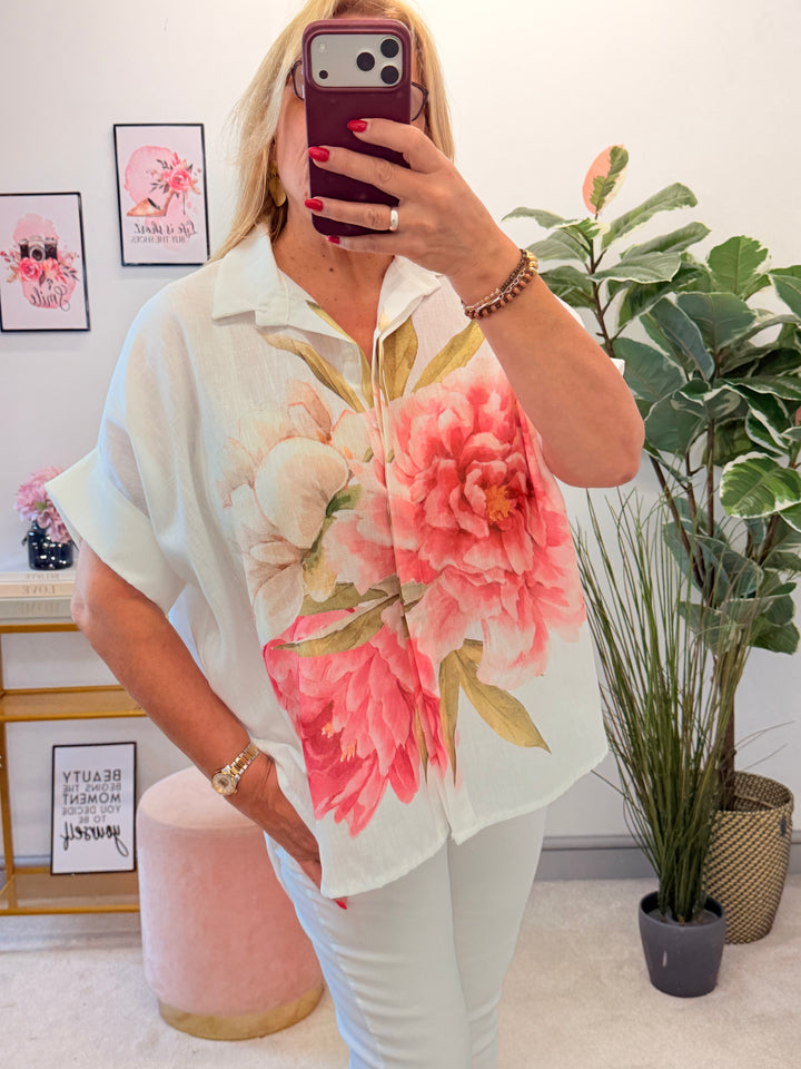Ladies Cream Linen Rose Print Overize Summer Shirt Top