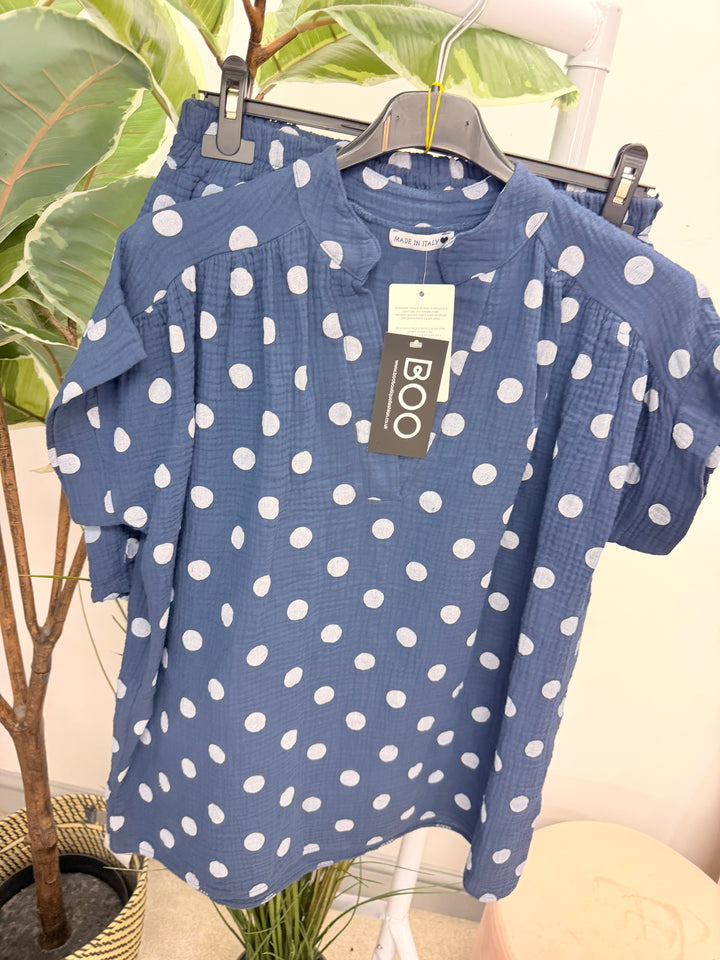 Ladies Fashion Polka Dot Shorts Co Ord Set - Blue, Navy, Pink
