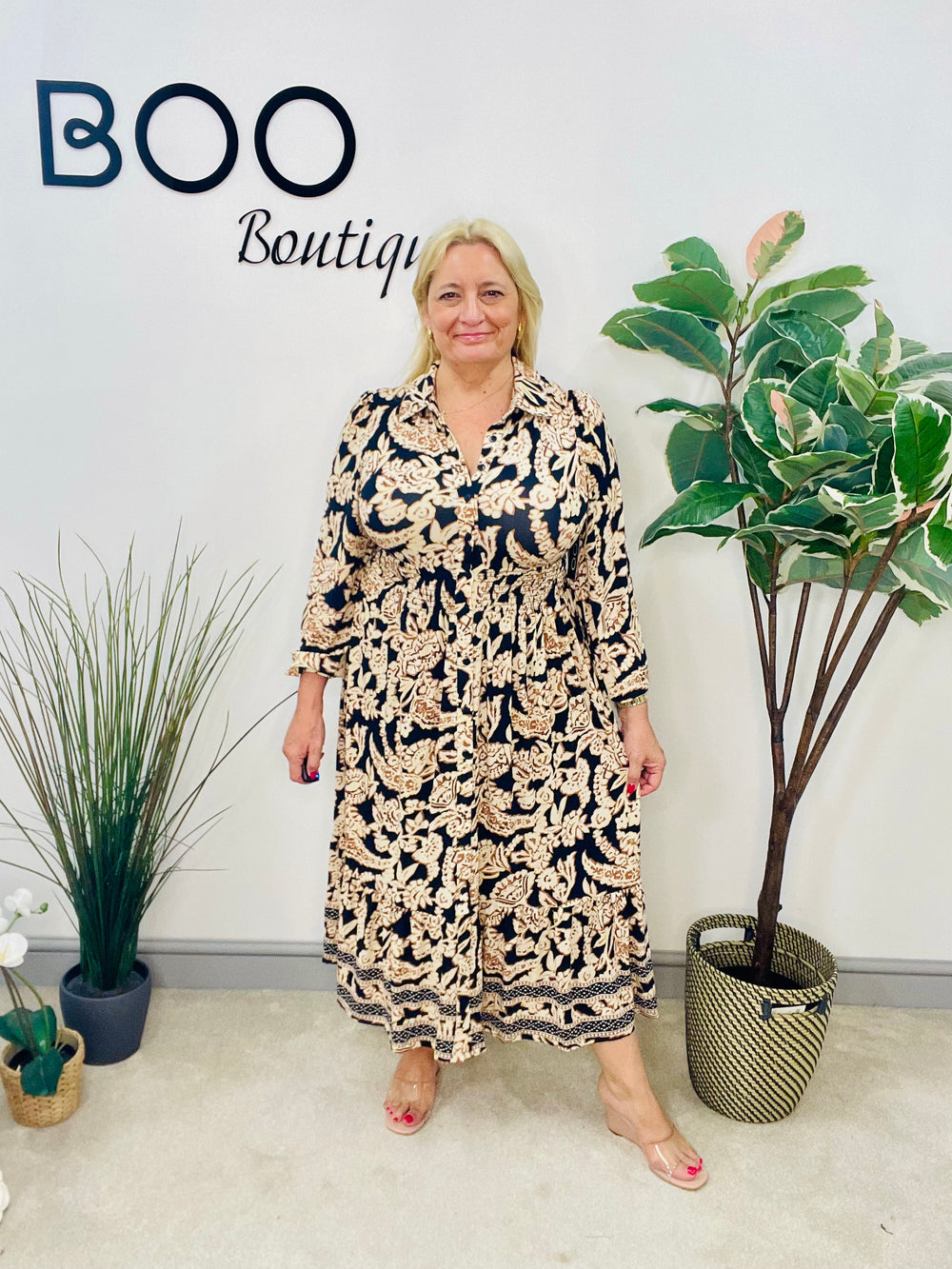 LADIES NAVY PAISLEY PRINT SHIRT AUTUMN MAXI DRESS