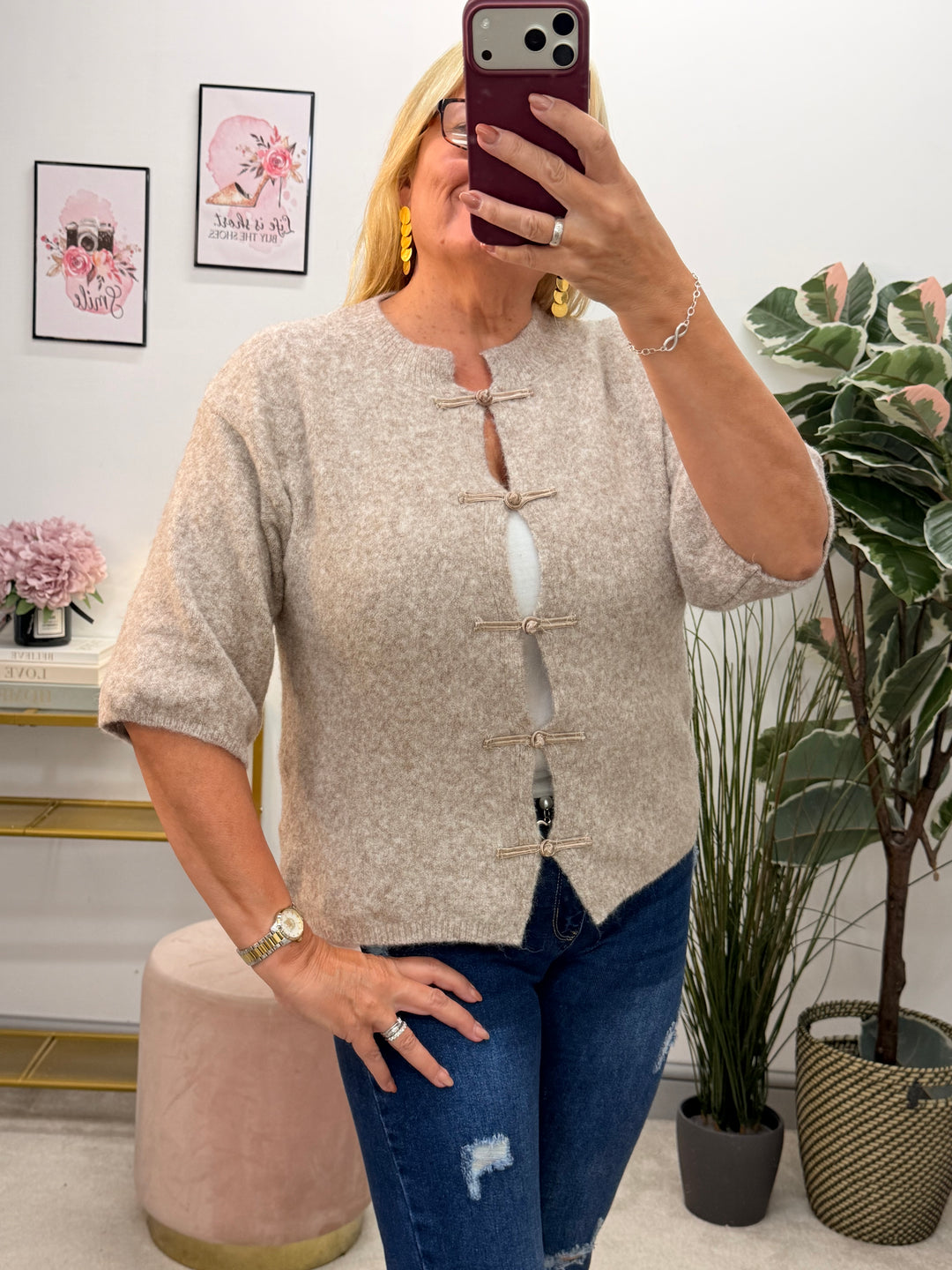 Ladies Fashion Knitted Mandarin Short Sleeve Cardigan - Grey, Beige, Mocha, Brown & Black