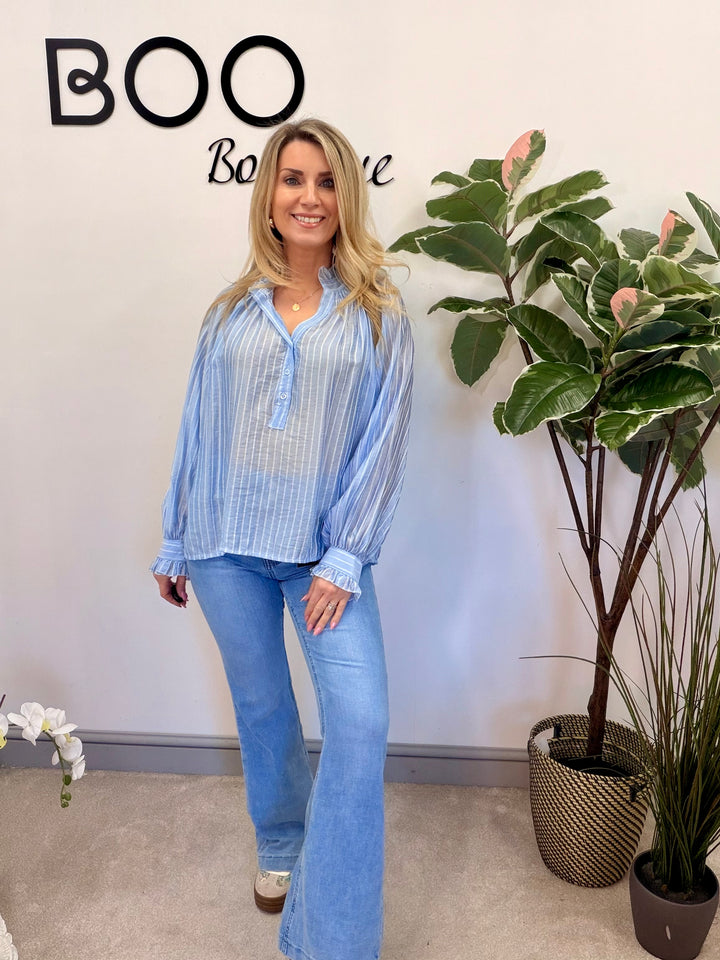 Ladies Fashion Stripe Shirt Blouse - Pink, Blue, Beige, White, Yellow