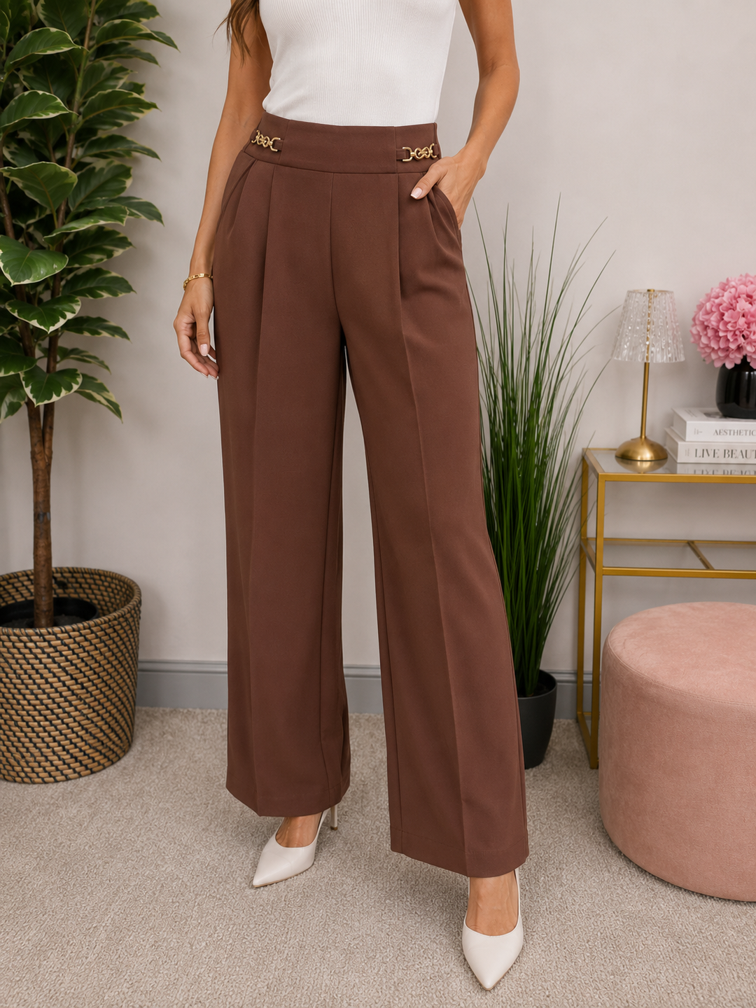 Ladies Fashion Wide Leg High Waist Smart Trousers - Black & Brown
