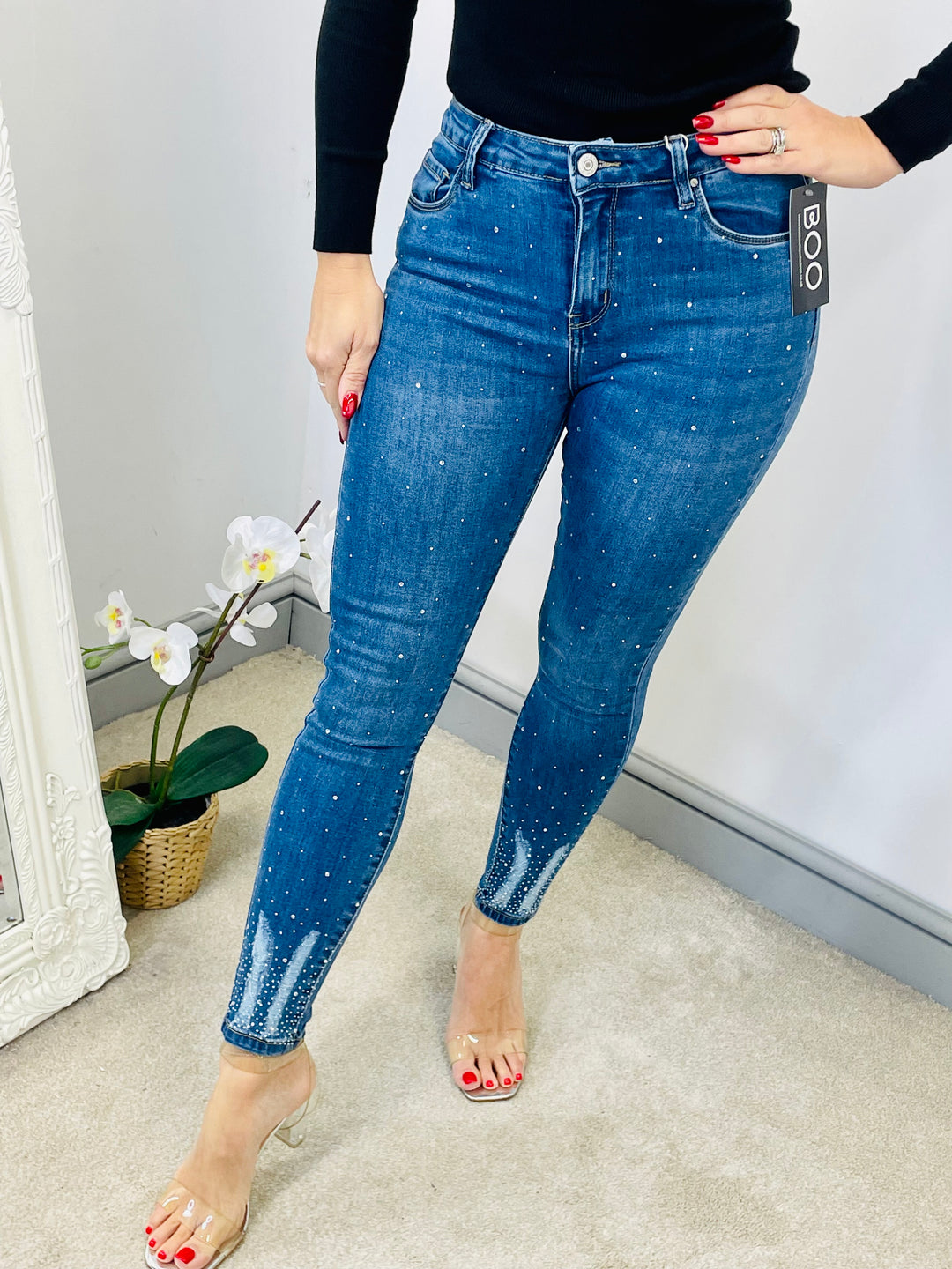 LADIES WOMENS BLUE DENIM DIAMANTE SKINNY JEANS
