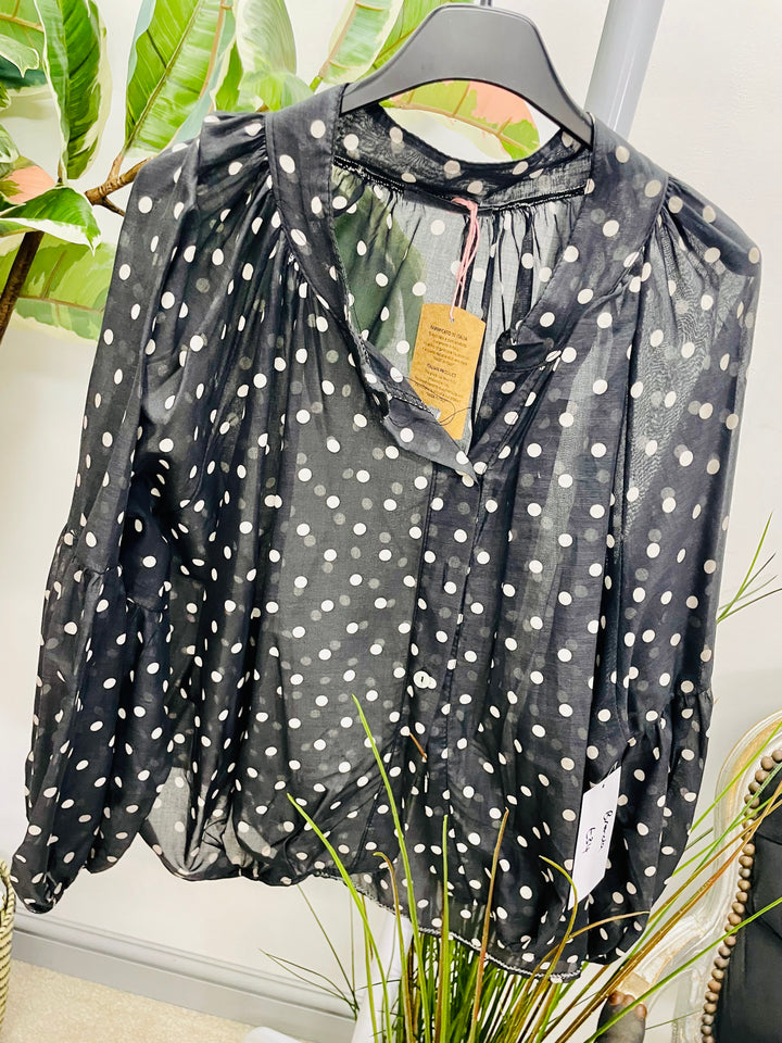 LADIES POLKA DOT LOOSE FIT BLOUSE TOP - BEIGE, BLACK & BROWN