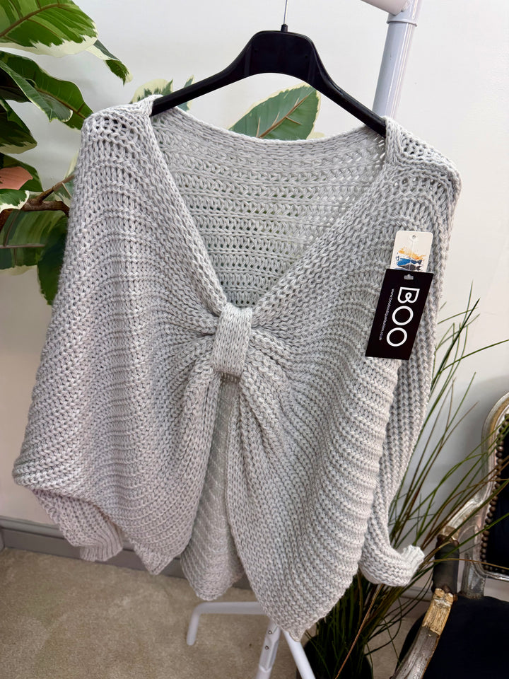 LADIES CHUNKY KNIT TWIST FRONT JUMPER - GREY, BEIGE & PINK