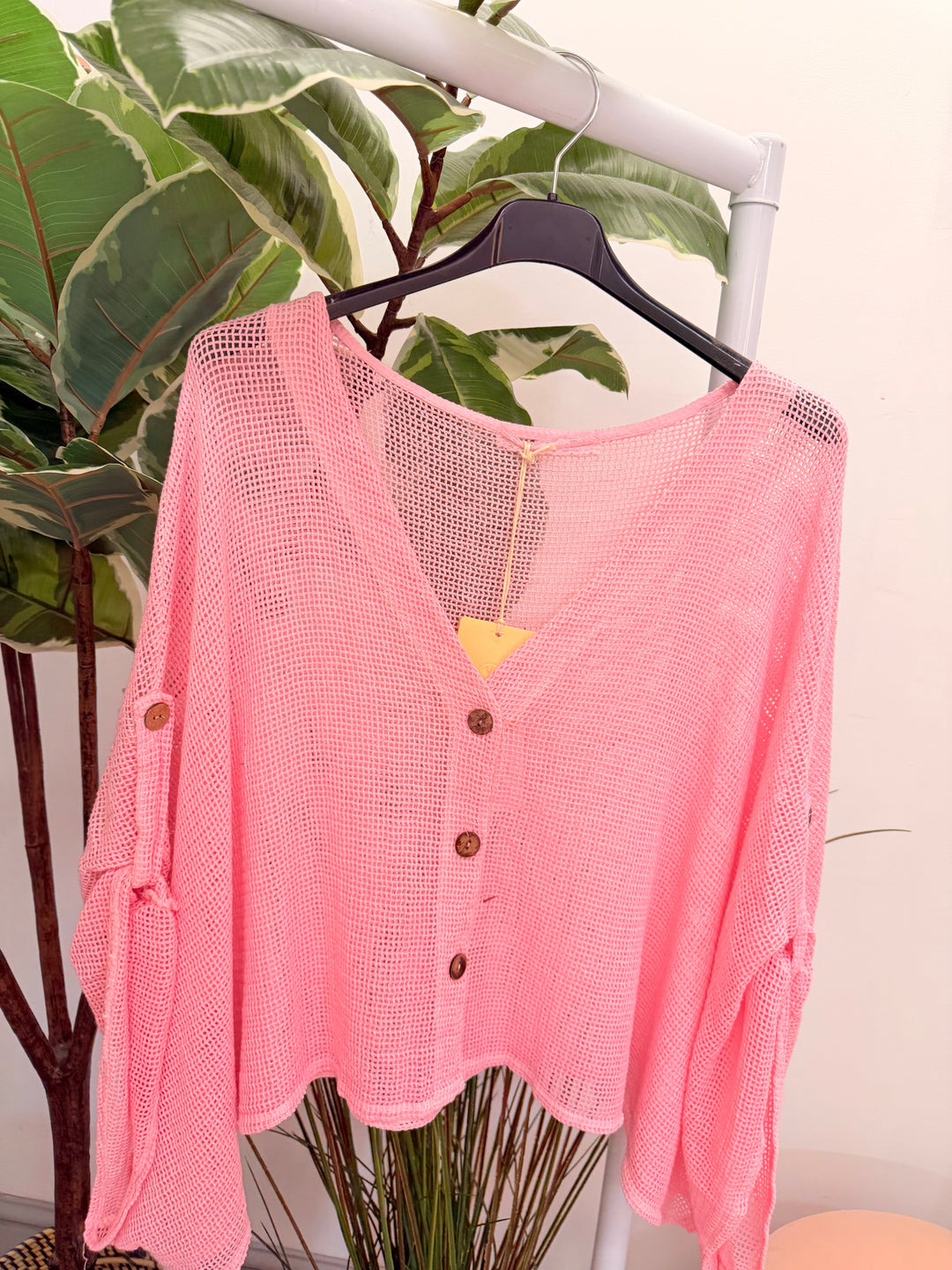 Ladies Fashion Tea Bag Linen Mesh Top Cardigan - Blue, Black, White, Lime & Pink