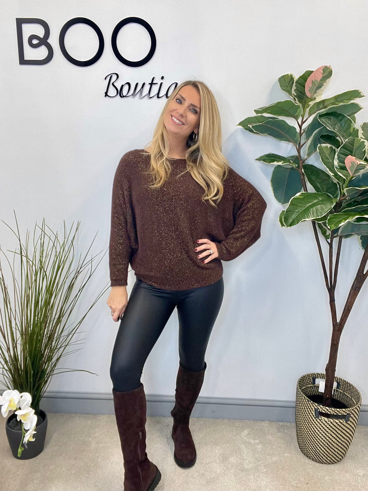 LADIES LUREX BATWING JUMPER - BLACK, BERRY, BROWN