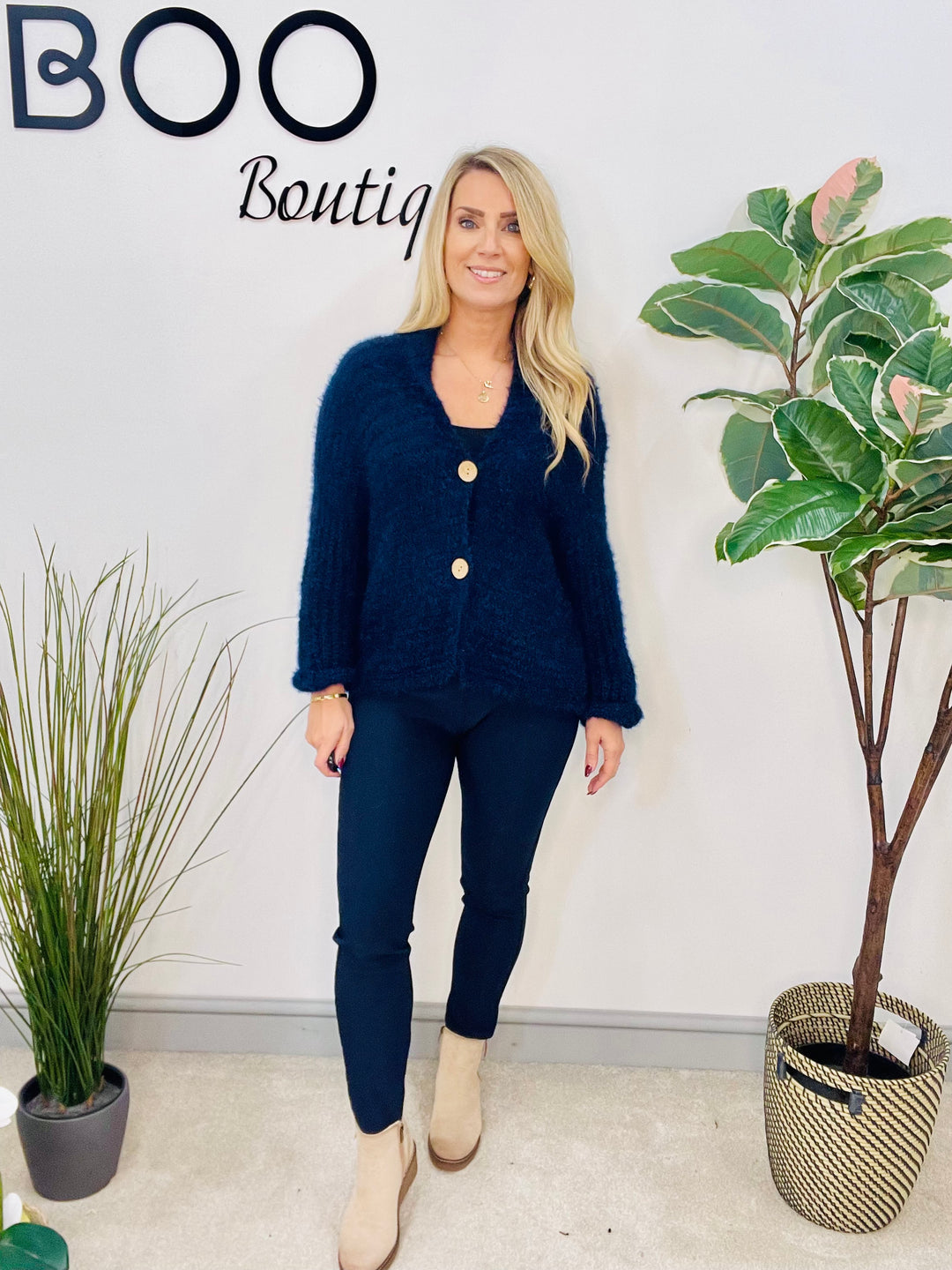 LADIES FLUFFY KNIT CARDIGAN - KHAKI, NAVY, GREY, BLACK, BEIGE, BROWN