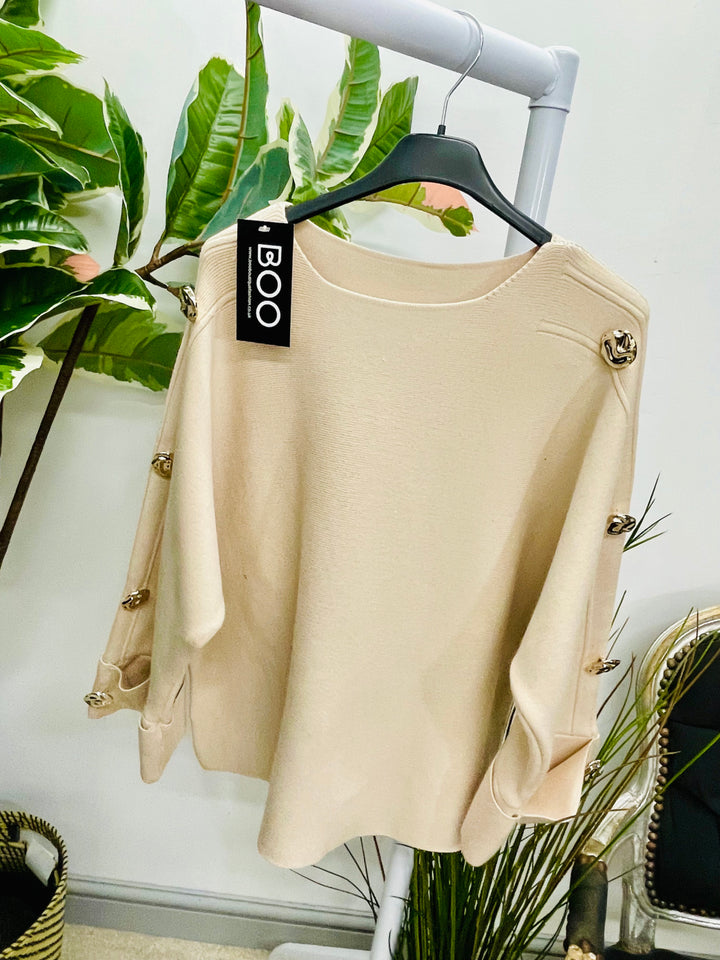 LADIES THICK KNIT GOLD BUTTON JUMPER - WHITE, BEIGE, BROWN & BLACK