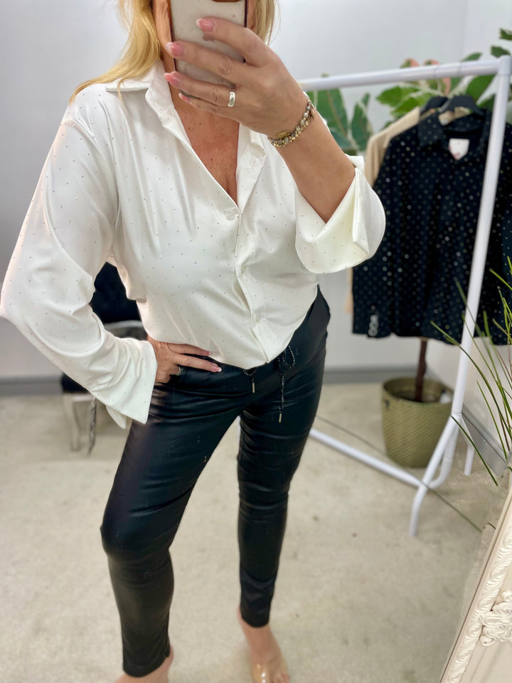 LADIES SPARKLY STRETCH BLOUSE SHIRT - WHITE, BLACK, CHAMPAGNE