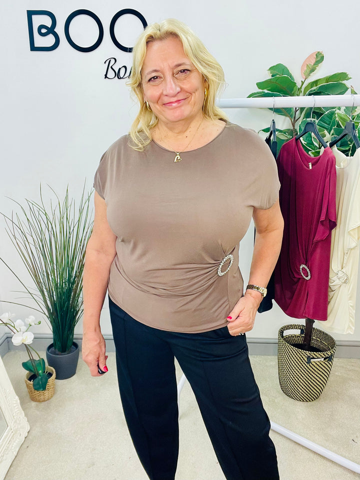 LADIES STRETCH RUCHE SIDE SHORT SLEEVE TOP - BURGUNDY, NAVY, BEIGE & BLACK