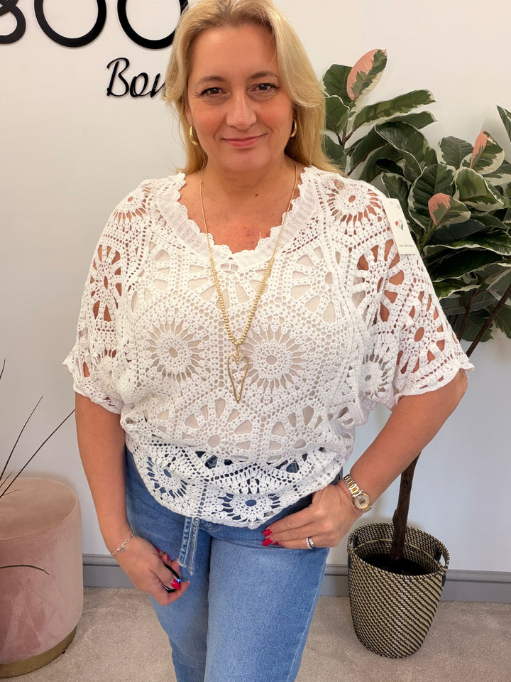 Ladies Fashion Crochet Open Knit Top white