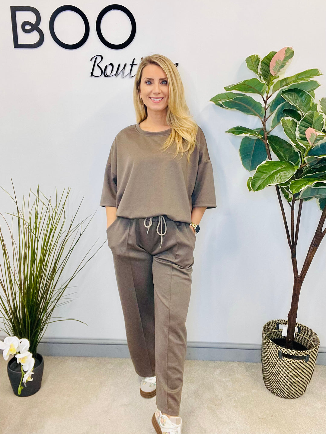 LADIES STRAIGHT LEG SCUBA TROUSER CO ORD SET - BLACK, NAVY, MOCHA, BROWN