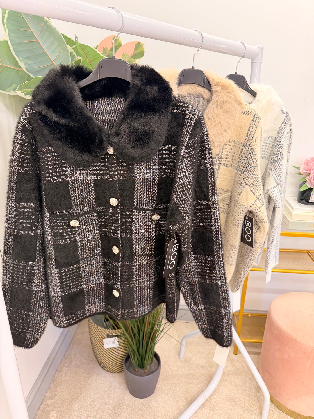 Ladies Fashion Fluffy Faux Fur Collar Cardigan Jacket - White, Black & Beige