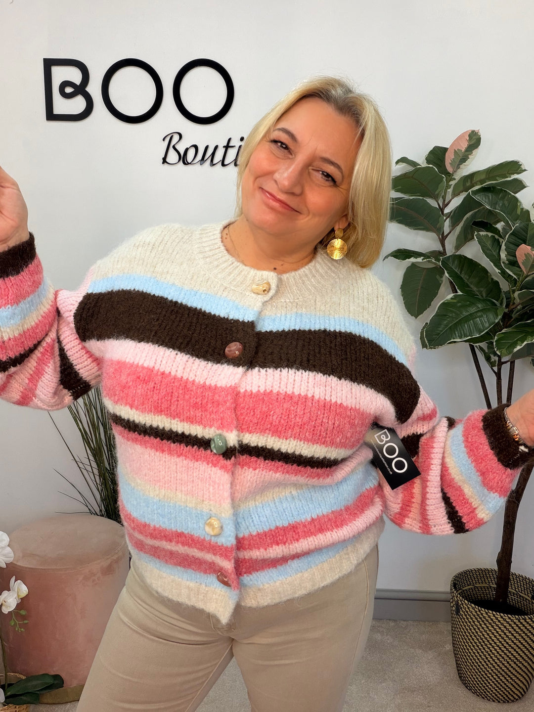 Ladies Fashion Thick Chunky Knit Stripe Oversize Cardigan