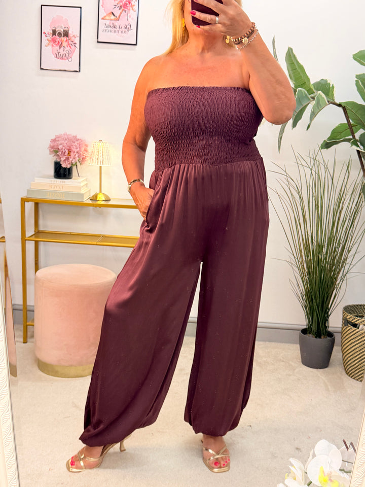 Ladies Fashion Satin Bandeau Harem Leg Jumpsuit - Black, Brown & Wine