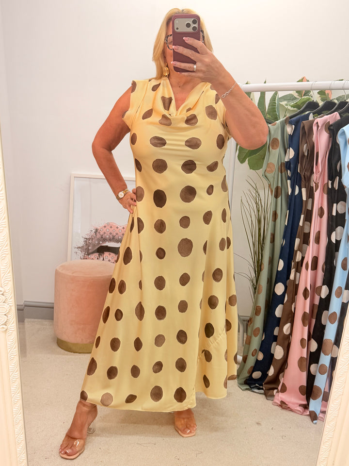 Ladies Satin Polka Dot Sheath Dress - Lemon, Black, Pink, Khaki, Navy, Black & Blue