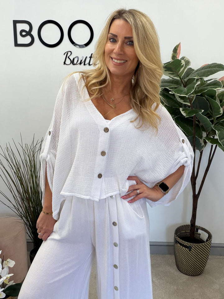 Ladies Fashion Tea Bag Linen Mesh Top Cardigan - Blue, Black, White, Lime & Pink