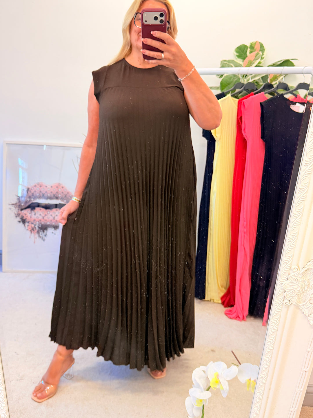 Ladies Fashion Pleated Maxi Dress - Black, Navy, Red, Lemon, Pink, Raspberry