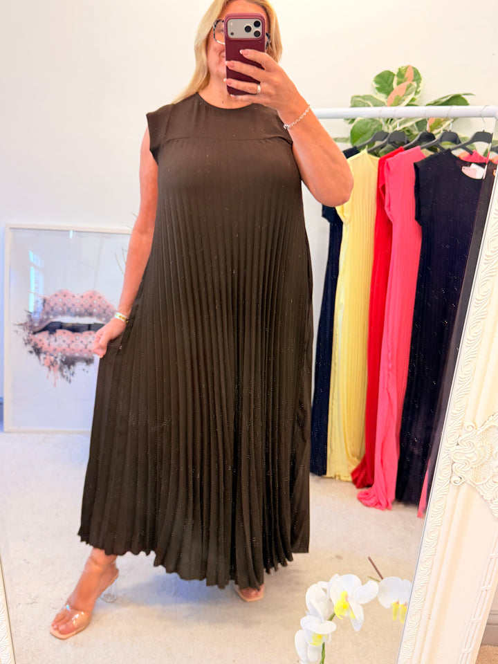 Ladies Fashion Pleated Maxi Dress - Black, Navy, Red, Lemon, Pink, Raspberry