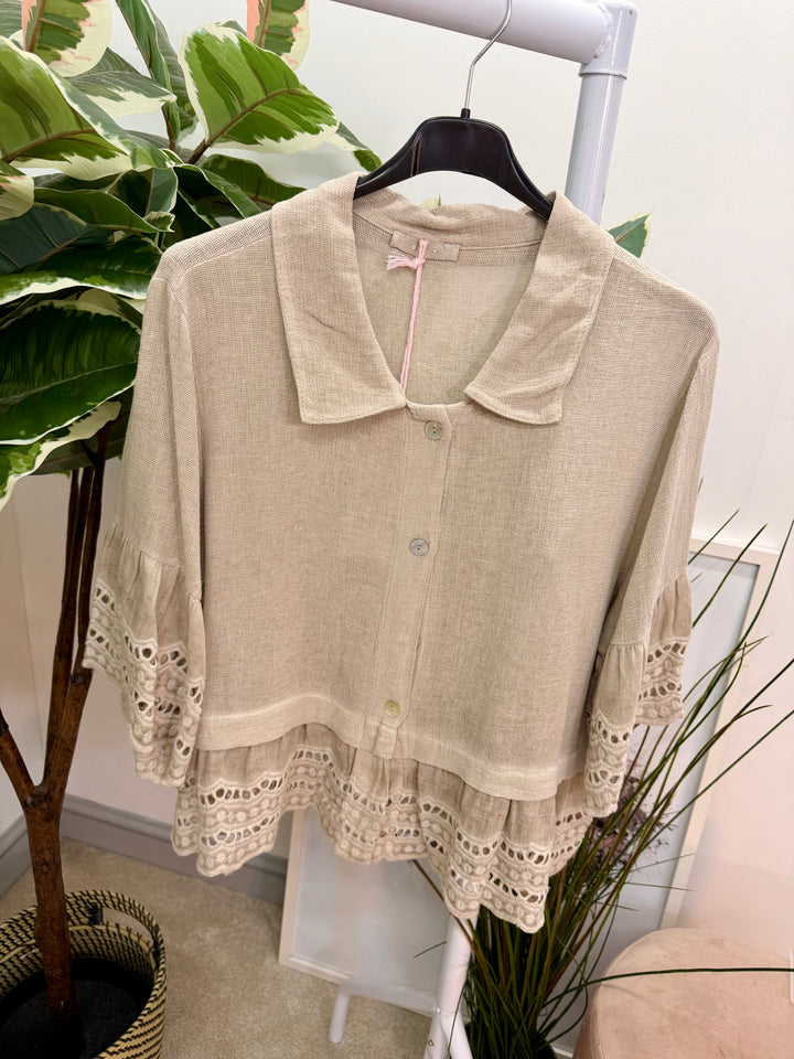 Ladies Fashion Broderie Anglaise Teabag Linen Top light beige