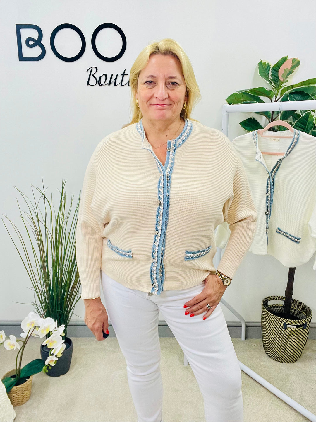 LADIES RIB KNIT BATWING DENIM DETAIL CARDIGAN - WHITE & BEIGE