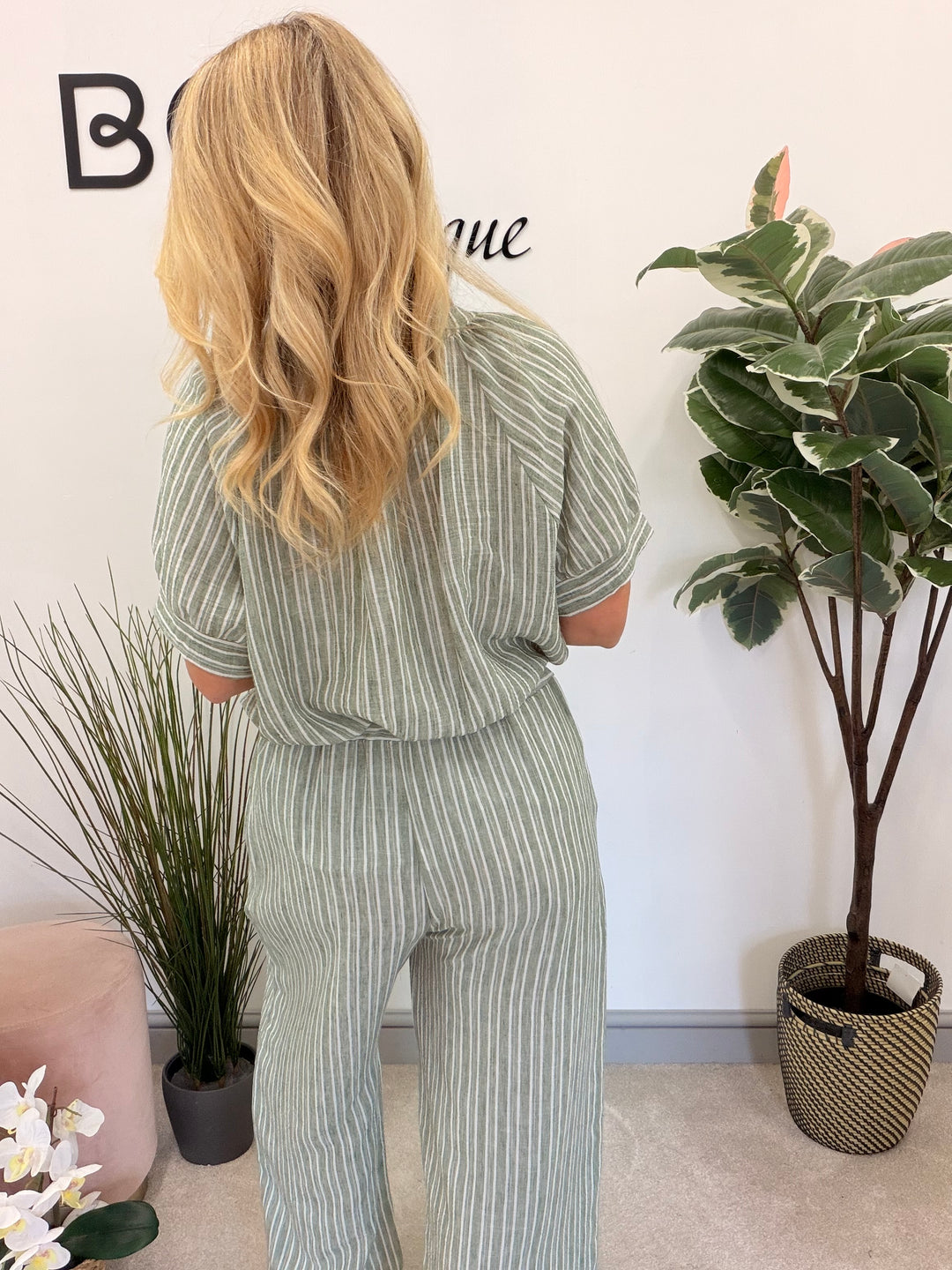 Ladies Fashion Stripe Wide Leg Trouser Co Ord Set - Khaki, Blue, White & Beige